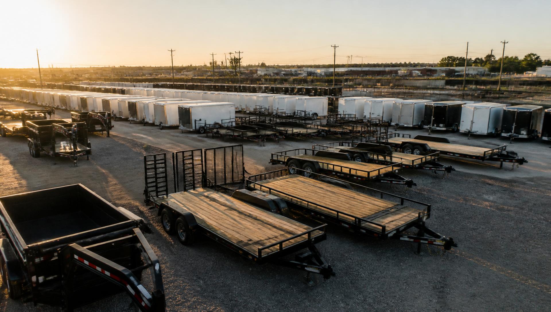 Repo trailer yard at golden hour with utility, enclosed cargo, dump, and gooseneck trailers